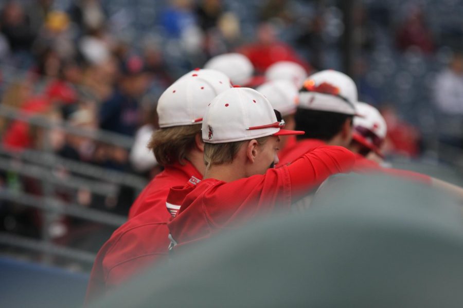 Elkhorn+varsity+boys+baseball+team+watches+the+game+from+the+dugout.+Elkhorn+lost+the+first+round+of+state+baseball+on+Saturday.+