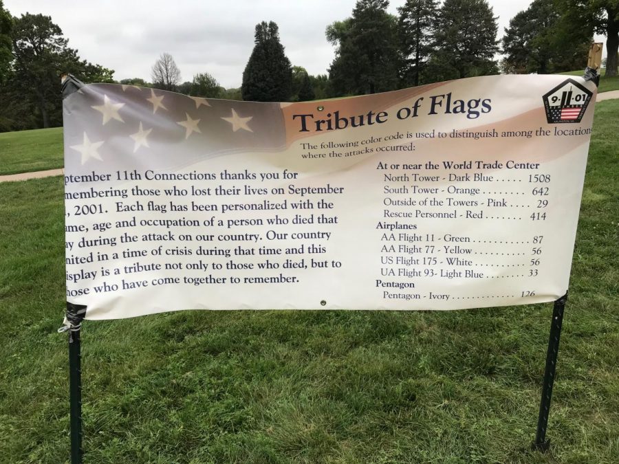 A banner explaining what each flag means. Nearly 3000 people died on September 11th, the worst terrorist attack in American history. 