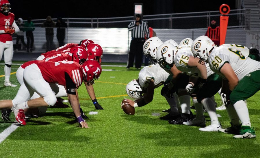 The Antler defensive line prepares to take off against the Gretna offense during the first quarter. The Dragons offensive line allowed their backs to run for over 200 yards. Running back Trevor Marshall was the leading rusher for over 224 yards. 