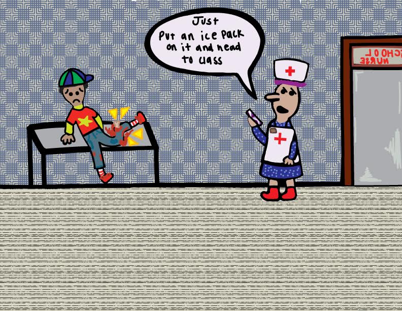 An editorial cartoon about the lack of a full time nurse at public schools