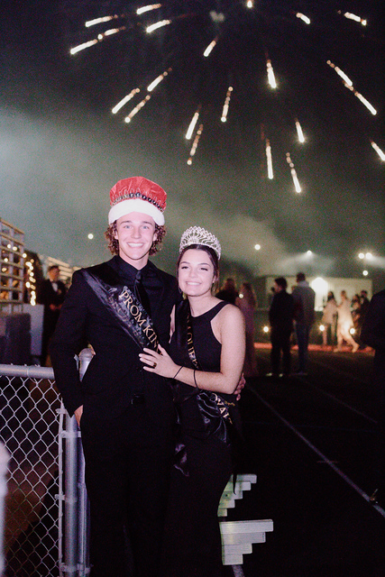 Fireworks light the night for Prom King Carson Clarys and Queen Marissa Henthorn.