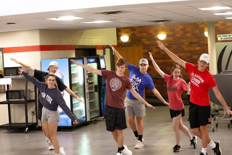 Excel members McKenna Flynn, Will Oestmann, Noah Lindberg, Celia McCaslin, Aiden Sufficool, and Hudson Goldal practice choreography.   