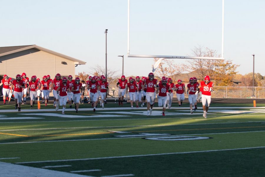 Antlers running back to the field after halftime. Elkhorn beats Seward with a score of 35-20 on Friday, November 5.