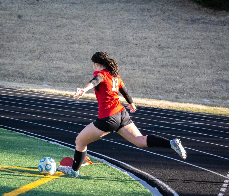 #12 Kennedy Meehan in for a corner kick. Antler Girls beat Columbus Scotus 2-1. Friday, March 25. 