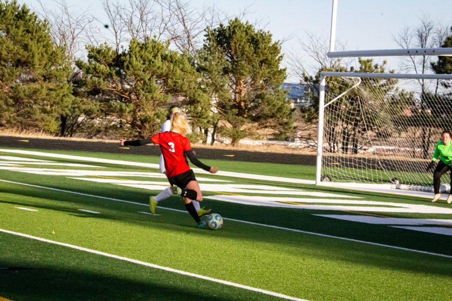 #3 Cate Cox drives down the field for a shot on goal. Antler Girls beat Columbus Scotus 2-1. Friday, March 25. 