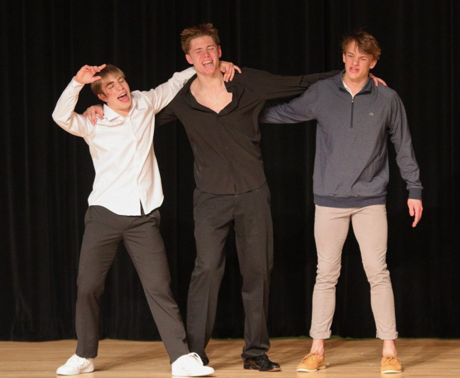 Zach Leinen, Dane Peterson, and Axel Prince sing together during the lip-sync battle. All three participated in the Mr.EHS pageant. 