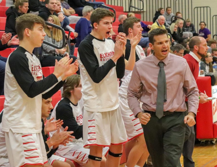 EHS Boys Basketball coach Benji Hoegh reacts to a play during a game.  Coach Hoegh resigned to become principal at Westdodge Station Elementary.