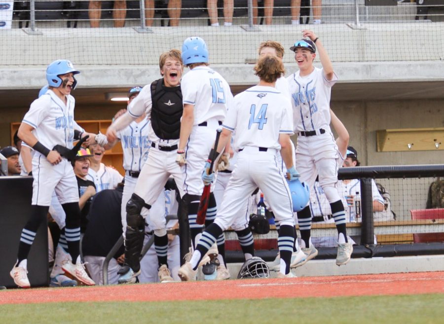 Elkhorn North Players celebrate while a player runs back to the dugout after making a run to home base. Elkhorn played Elkhorn North in the 2022 State Baseball Tournament.
