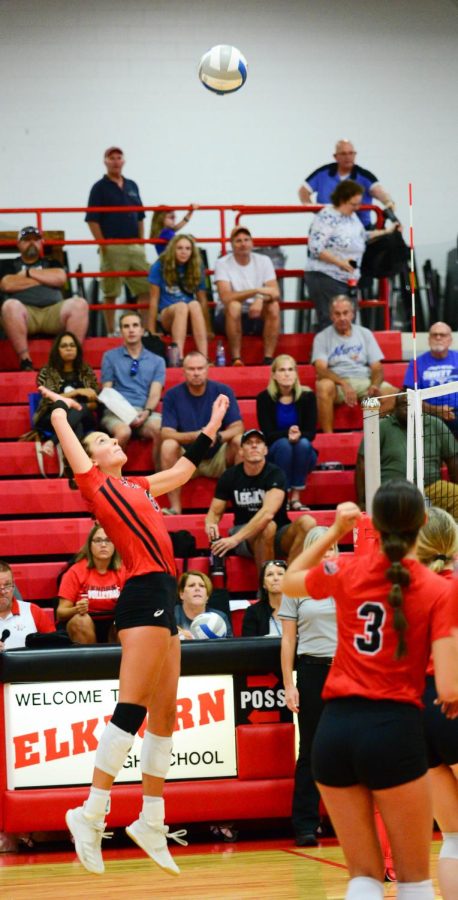 Senior Haley Wolfe jumping to spike a ball to Omaha Mercy. The Antlers won 3 games to 0. 