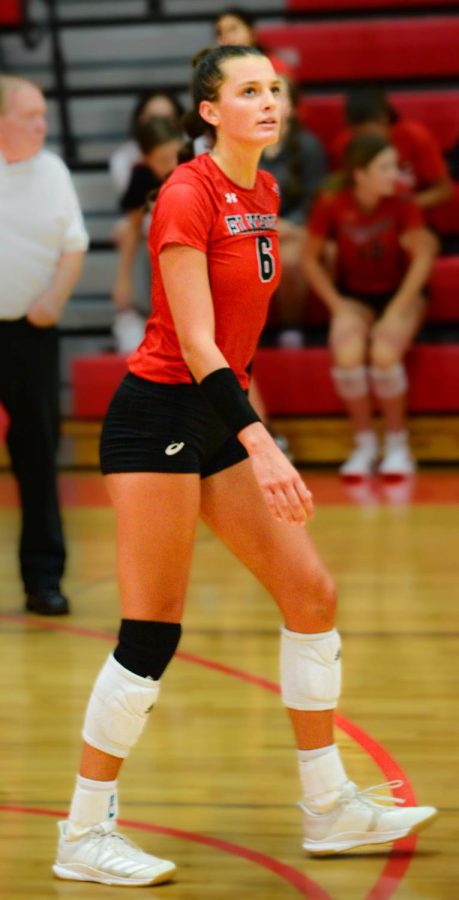 Senior Haley Wolfe walks to a new position on the court during the EHS vs Omaha Mercy game. The Antlers won 3 games to 0. 