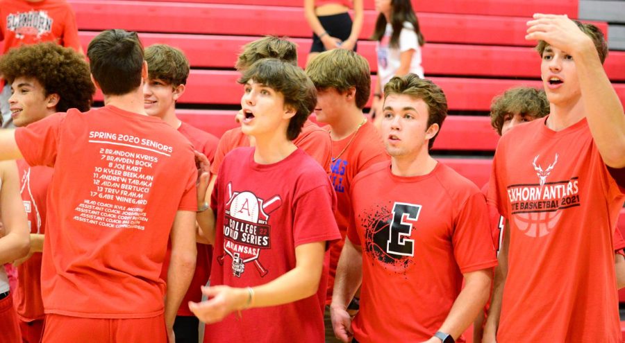 Elkhorns student section cheering on the varsity volleyball team in their match against Omaha Mercy-- shot 4.The Antlers won 3 sets to 0. 