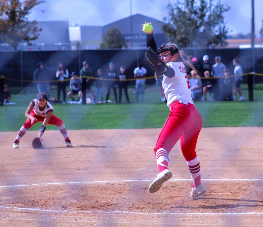 Emerson Karstens winds up to throw her pitch against her opponents on October 14th.