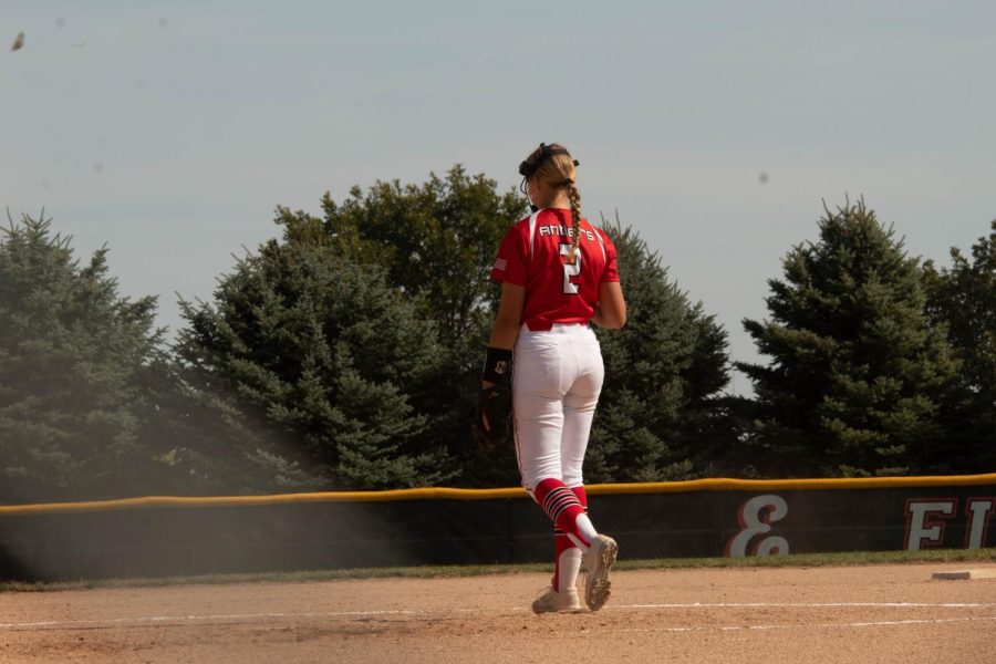 Emerson Karstens waiting to pitch for South Sioux City