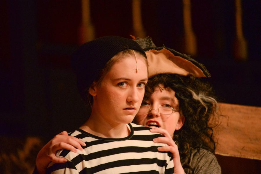 McKenzie Carlson (Jr) and Maddy Hubbard (So) performing as Pugsley and Grandma Addams during the dress rehearsal of the Addams Family musical