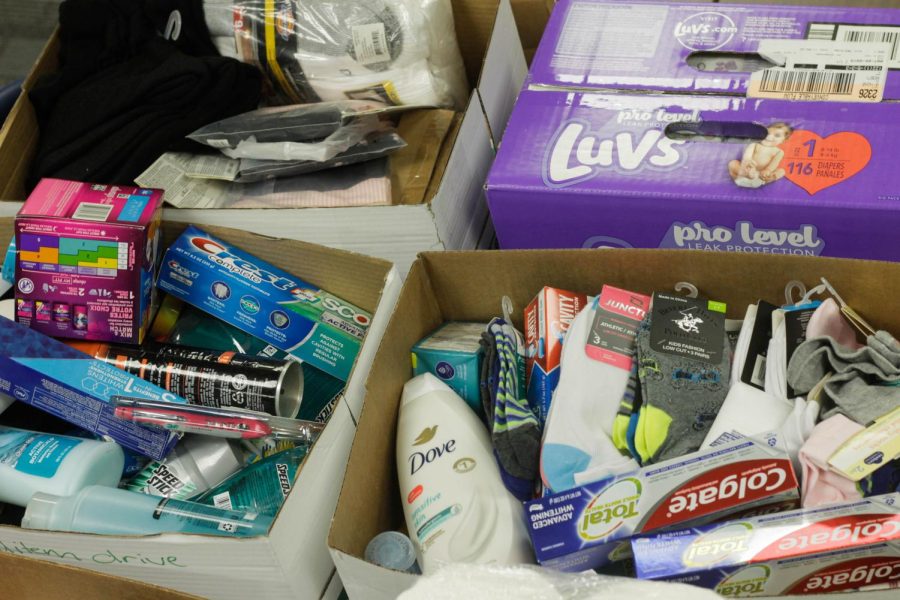 Socks And toiletries from the Essential Items Drive.