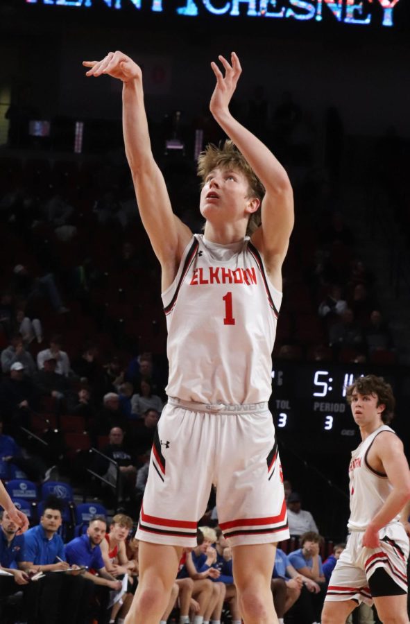 Junior Colin Comstock shoots one of two free throws at Pinnacle Bank Arena. 