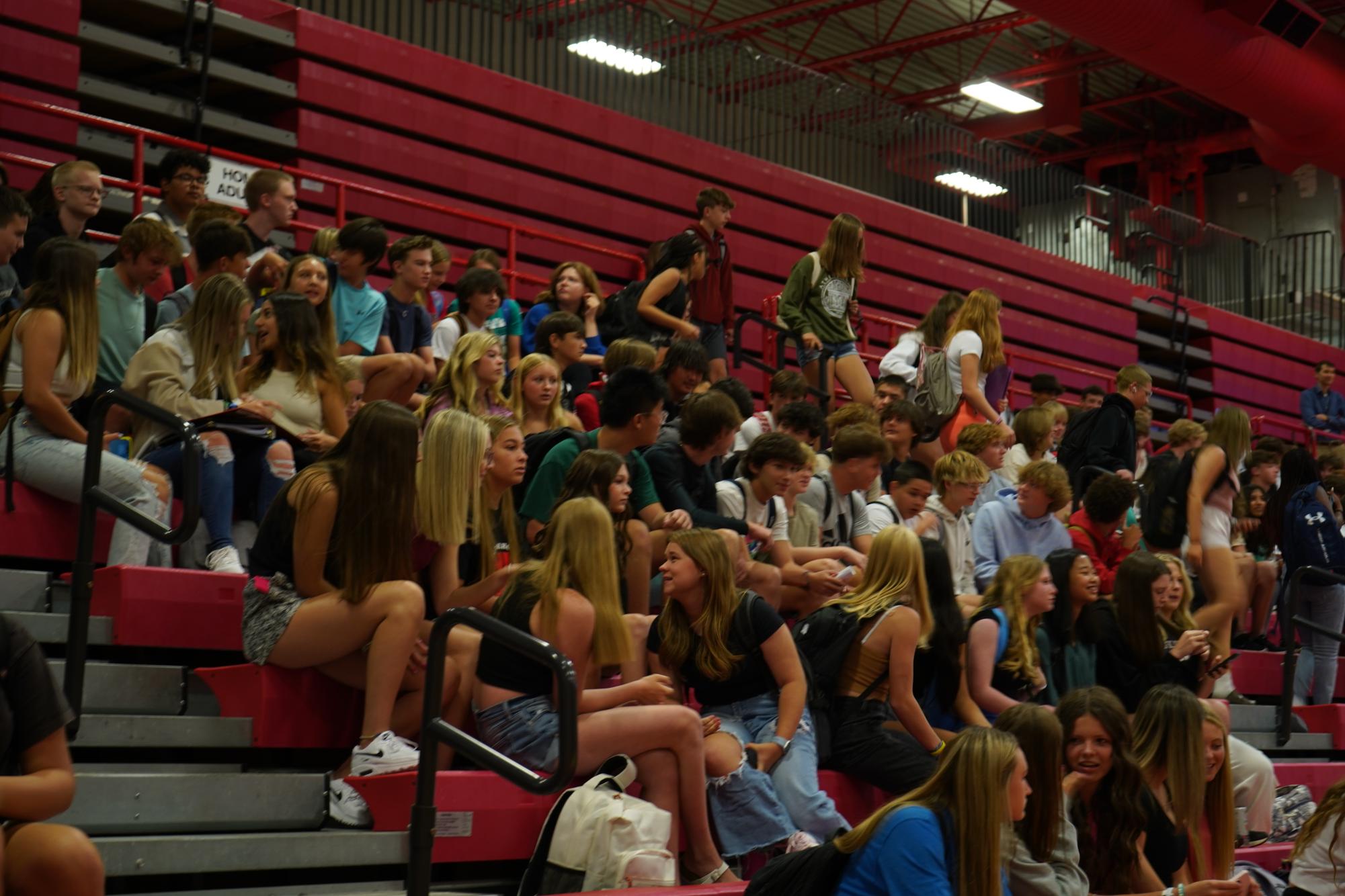 The stands start to fill up as the pep rally starts soon.
