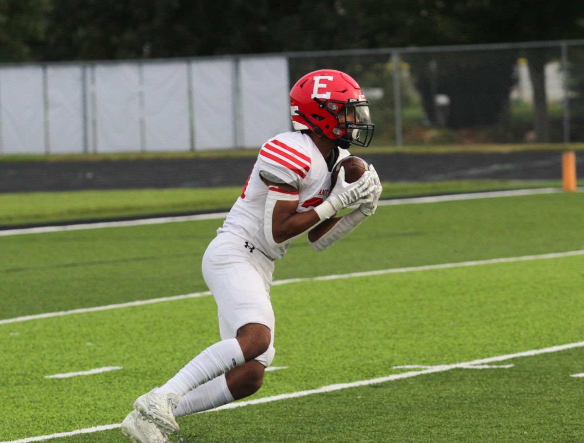 Junior Jayden Moody runs with a kick return. The Antlers lost to the Skyhawks 45-0 on Friday, September 15th.