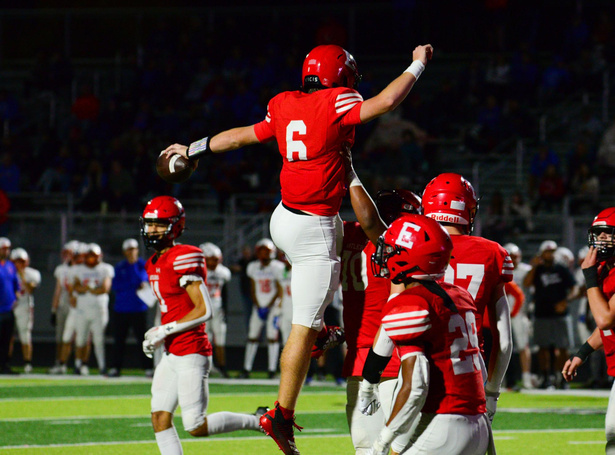 Junior Kayd Matthews celebrates after a touchdown in the Antlers win against Westview. Elkhorn won 42-14.