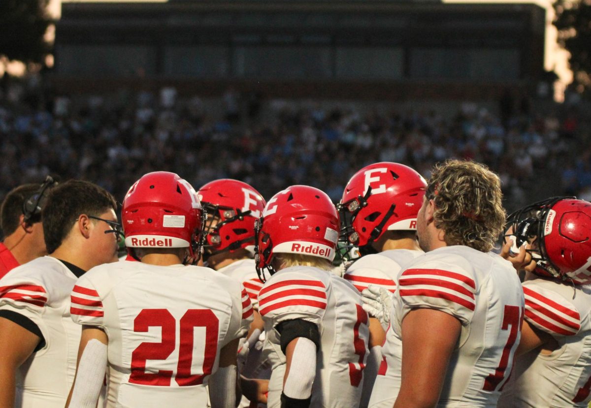 The Antlers huddle up during a timeout. Elkhorn lost to Elkhorn North 35-17 on Friday, September 29th.