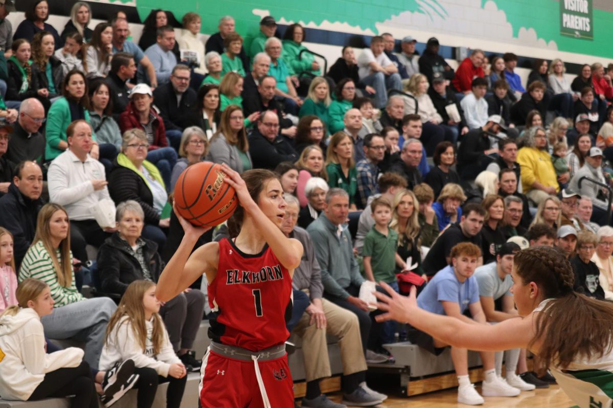 Junior Olivia Bailey looks for an open teammate to pass the ball to against Skutt. The Skyhawks beat the Antlers 66-38