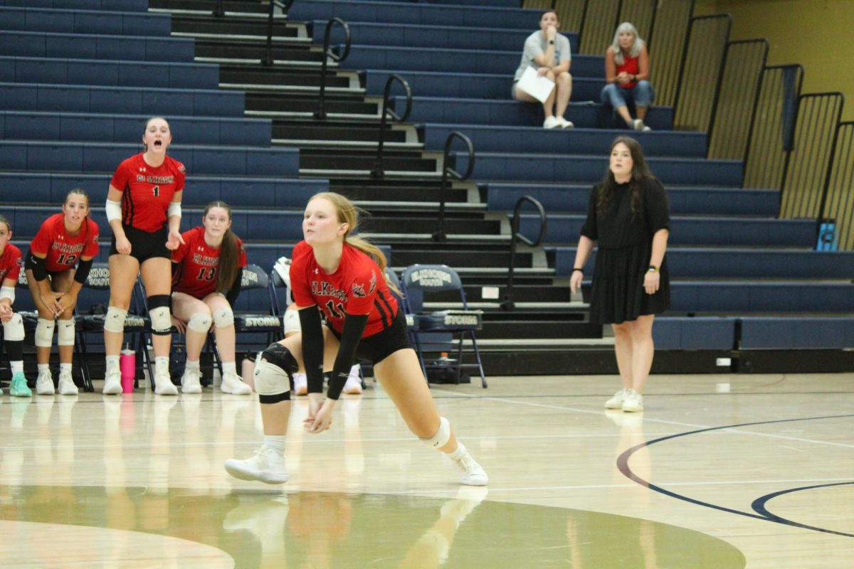 Senior Macie Burson dives for the ball. The Antlers lost to the Storm in the Volleyball Jamboree.