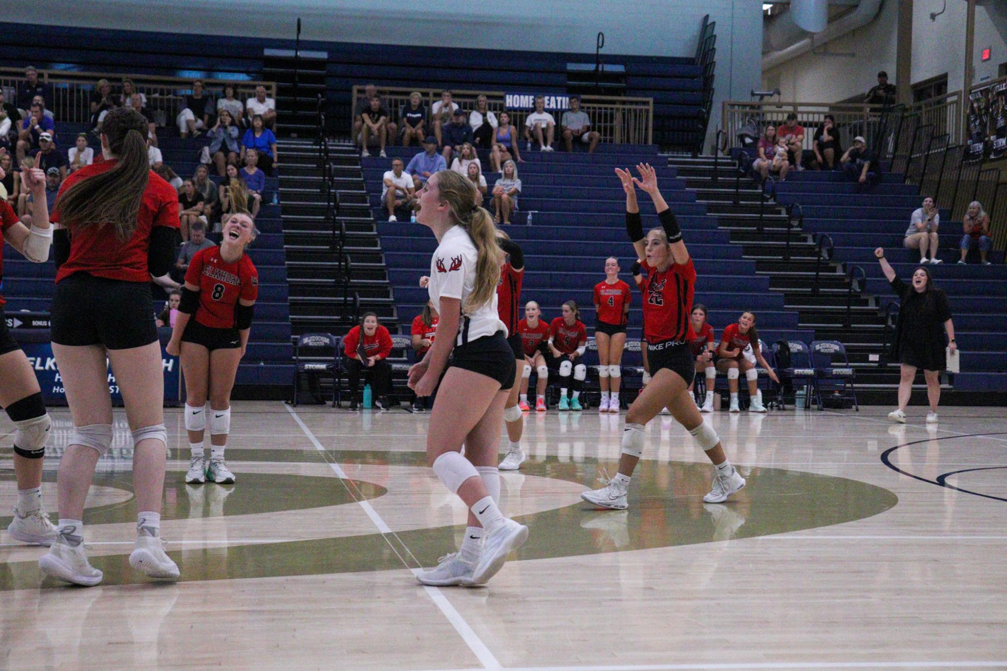 Sophomores Charley Weeder (left), Bailey Ferguson (middle), and Parker Steskal (right), throw themselves in celebrating a point scored against Elkhorn South. Because of Elkhorn South's Class A status, the Antlers struggled to score very many big points. This is why even Coach Guthard was seen pumping her fist in exhalation from outside the court.