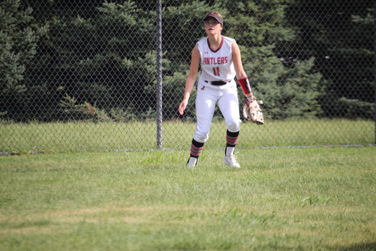 Outfielder Chloe Graham prepares for a fly ball. This picture took place at the JV game versus Waverly.