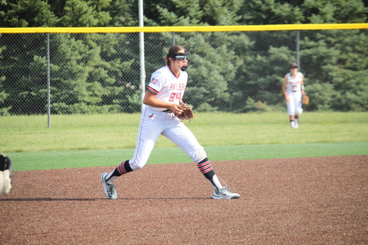 Shortstop Brooklyn Wragge prepares for a ball to be hit her way. This picture took place at the JV game versus Waverly.