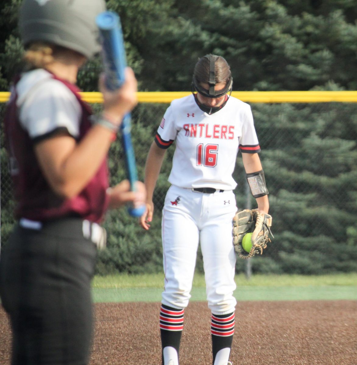 Pitcher Samantha Michaud prepares to pitch the ball. She was the starting pitcher in the JV game versus Waverly.