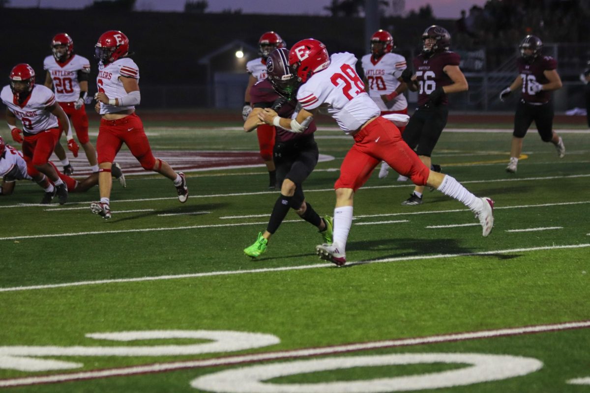 Senior Elliot Beister is blocking his opponent. The final score for varsity football on 9/20 was 0-28 Waverly.