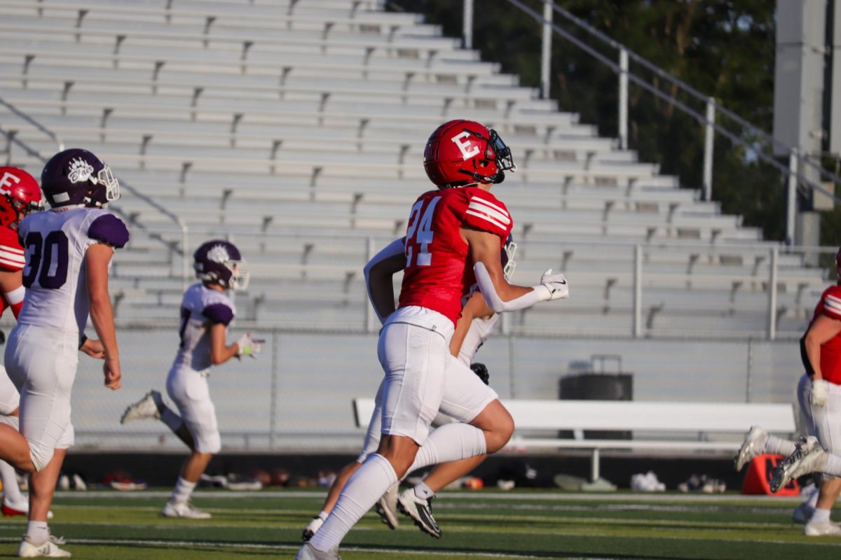 Number 24 Reid Stec watches the ball to figure out what comes next.  This took place on September 3rd during the JV Antlers vs. Blair game. 