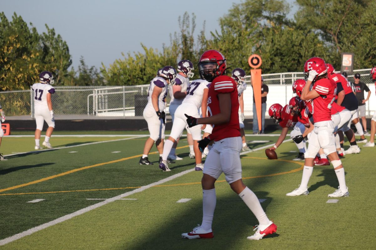 Sophomore Mathew Ott calls the play for the teams.  This took place on September 3rd during the JV Antlers vs. Blair game. 