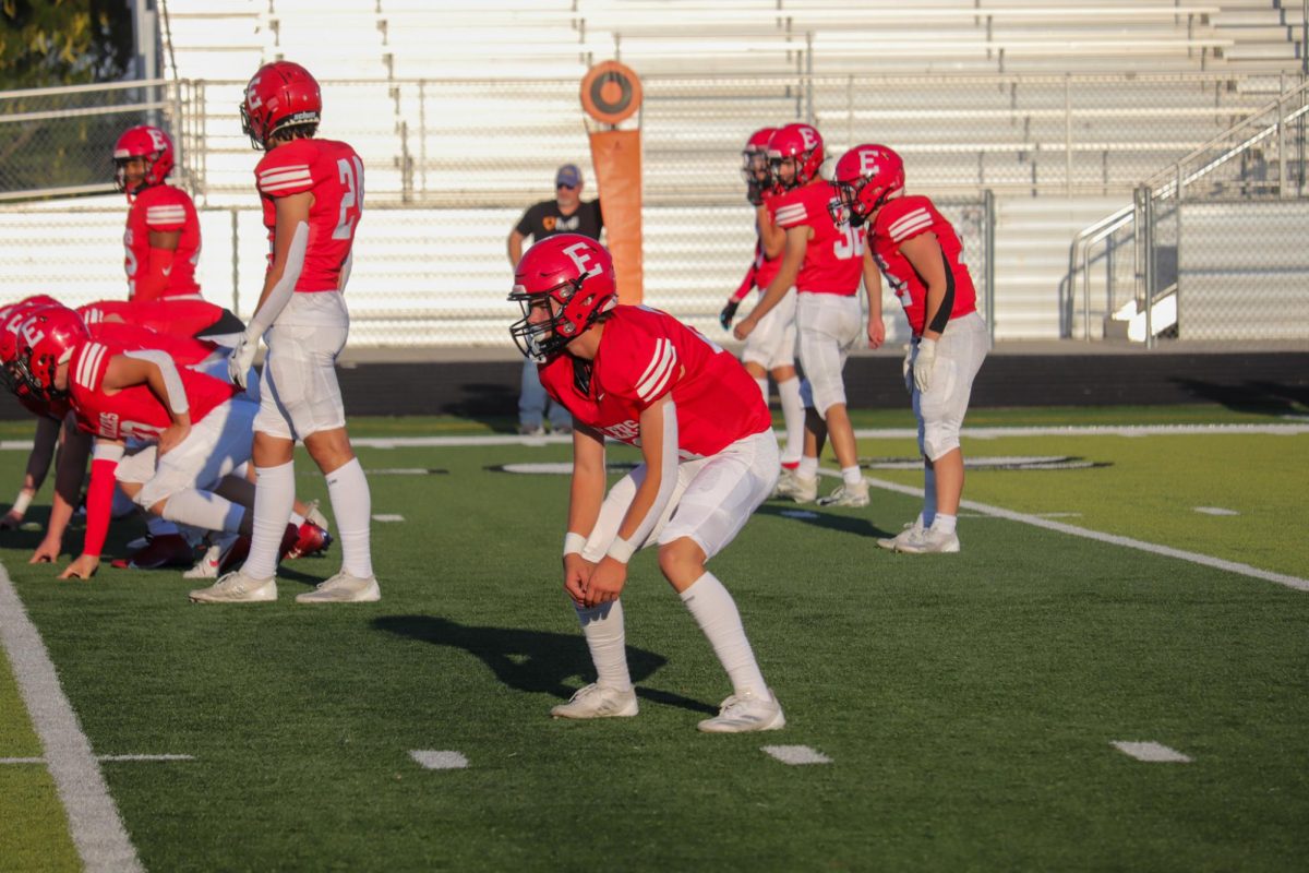 Number 21 Elijah Beister ges set up for a play.  This took place on September 3rd during the JV Antlers vs. Blair game. 