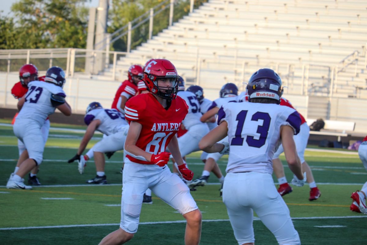 Number 81 Keyan Kosak gets ready to block number 13. This took place on September 3rd during the JV Antlers vs. Blair game. 