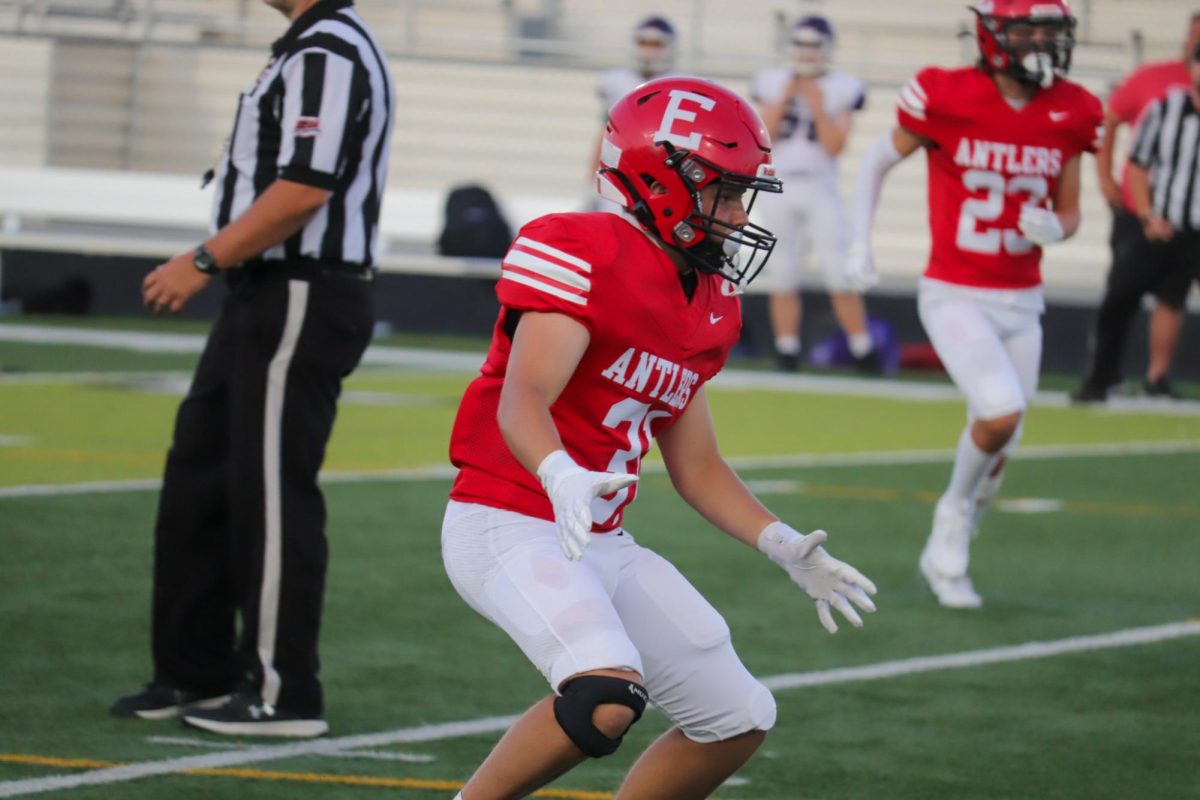 Center back Cole Westerlin gets ready to make a great play. This took place on September 3rd during the JV Antlers vs. Blair game. 