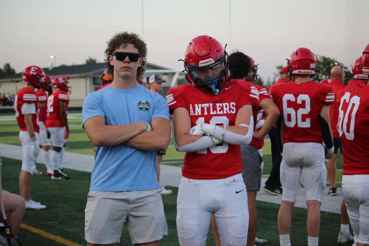 Isaiah Weasel and Jack Metschke poses for the camera. JV football beat Blair 21-0 on 9/3.