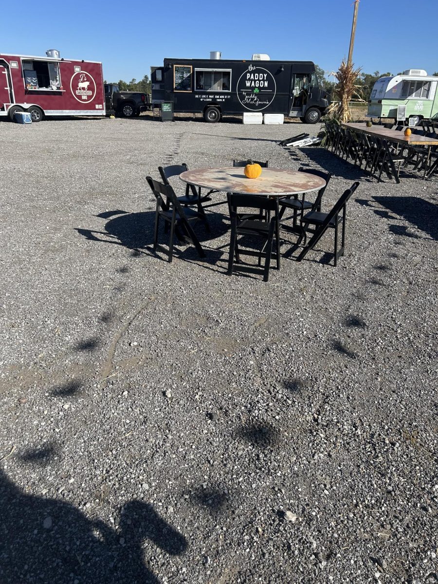 This is a seating area around the food trucks to be able to sit, eat, and get a break of shopping. This was at Junkstock Friday 9/27/24. 