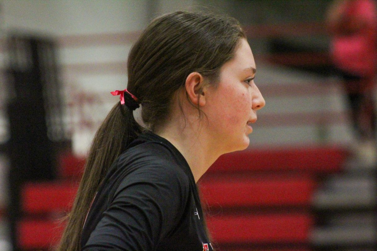 Sophomore Callie Petersen focuses in on the game. This took place on 10/3, and the Antlers lost to Bellevue East 2-1.