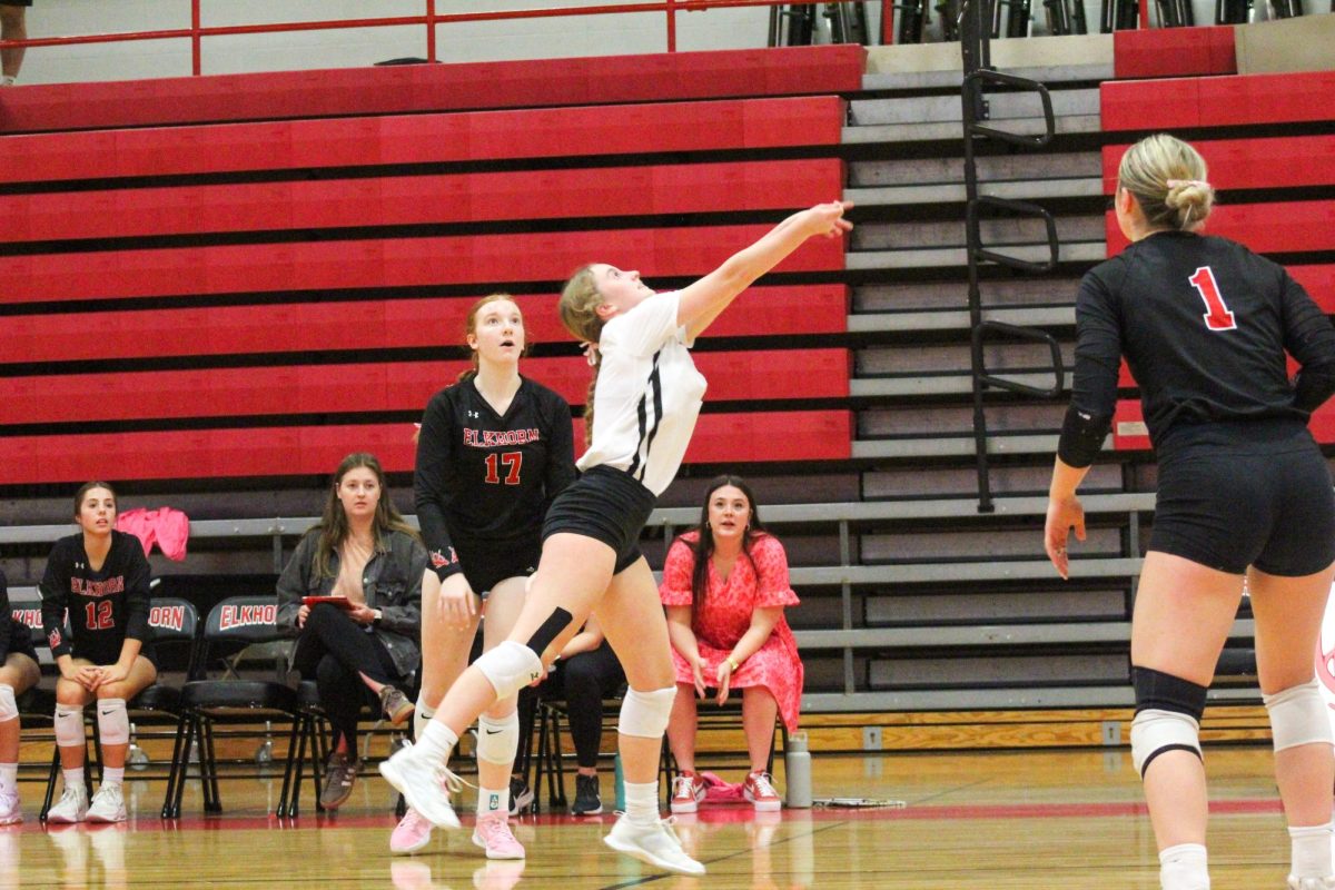 Sophomore Bailey Ferguson reaches high to get to the ball. This game took place on 10/3, and the Antlers lost to Bellevue East 2-1.