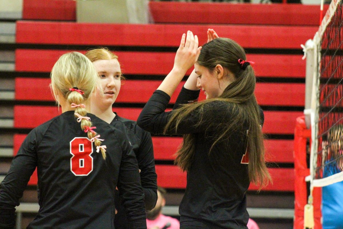 Sophomore Callie Petersen (right) high fives freshman Kelsie Holder (left). This game took place on 10/3, and the Antlers lost to Bellevue East 2-1.