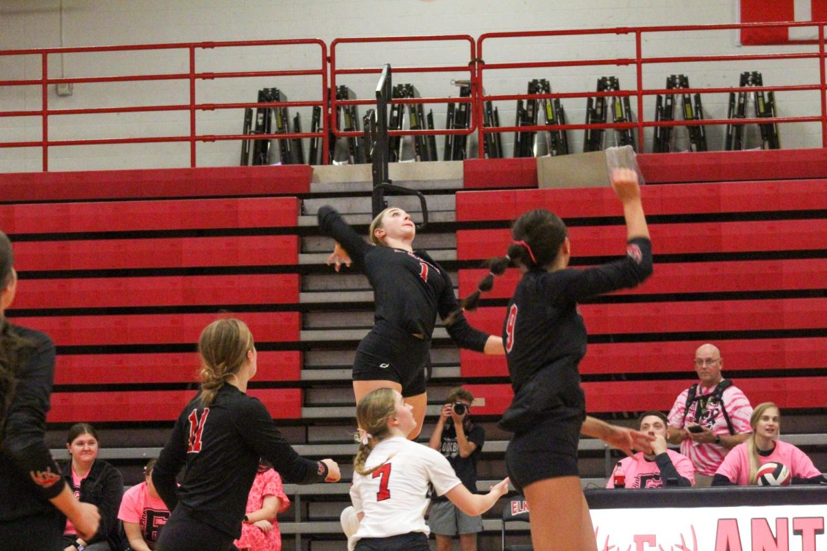 Senior Addie Hunt throws her arm back to get power on her hit. This game took place on 10/3, and the Antlers lost to Bellevue East 2-1.