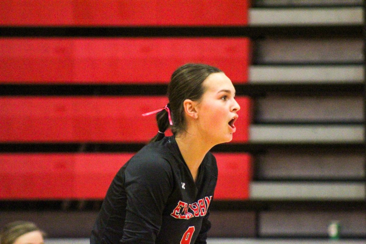 Freshman Kaylynn Mailloux stands with her mouth open. This game took place on 10/3, and the Antlers lost to Bellevue East 2-1.