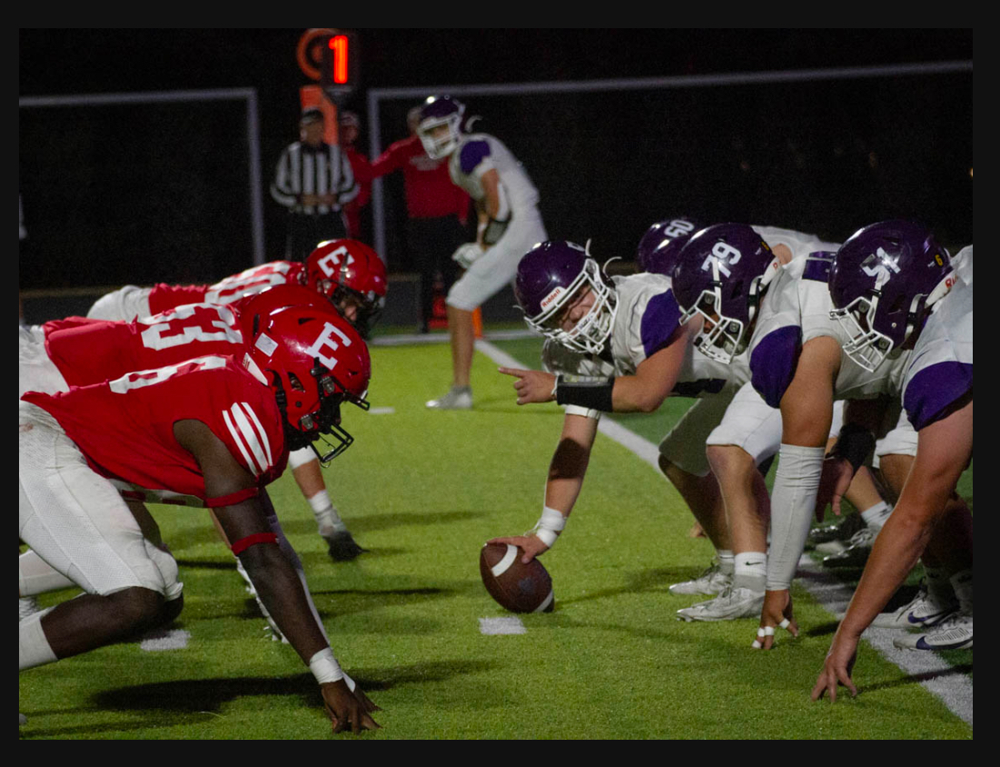 Senior Fon Mofor prepares for the snap against Blair. Mofor was an important member of the defensive line.