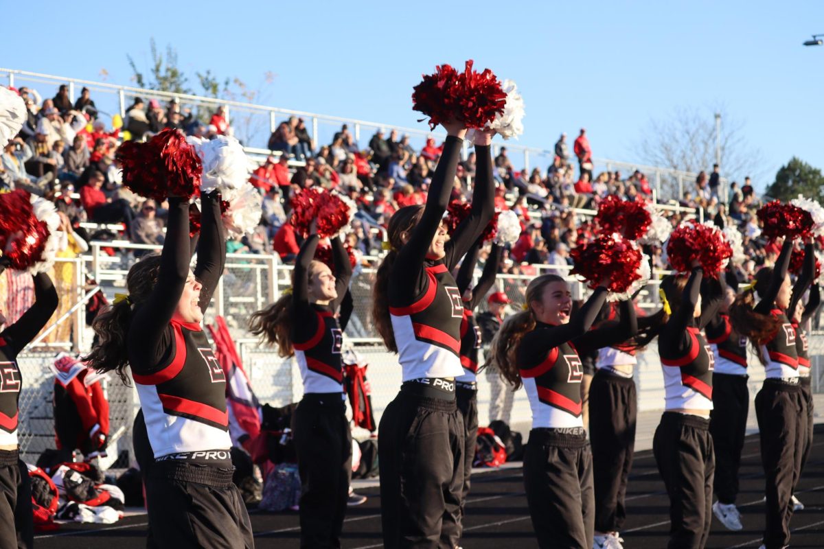 The Elkhorn cheer team cheers on the Antlers during the first round of playoffs. The Antlers faced Elkhorn North with a final score of 14-35.