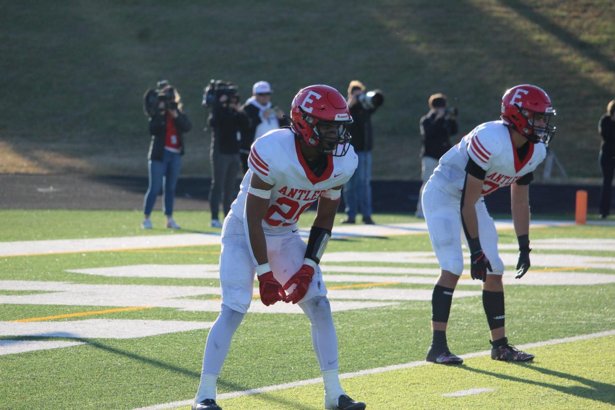 Jayden Moody is getting set for the next play. Elkhorn played Elkhorn North with a final score of 14-35 which ended Elkhorn's playoff games for the season. 