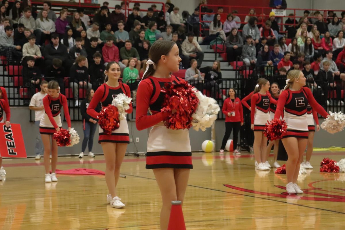 Freshman Kaylin Shanahan cheers loudly at the pep rally on January 17, 2025