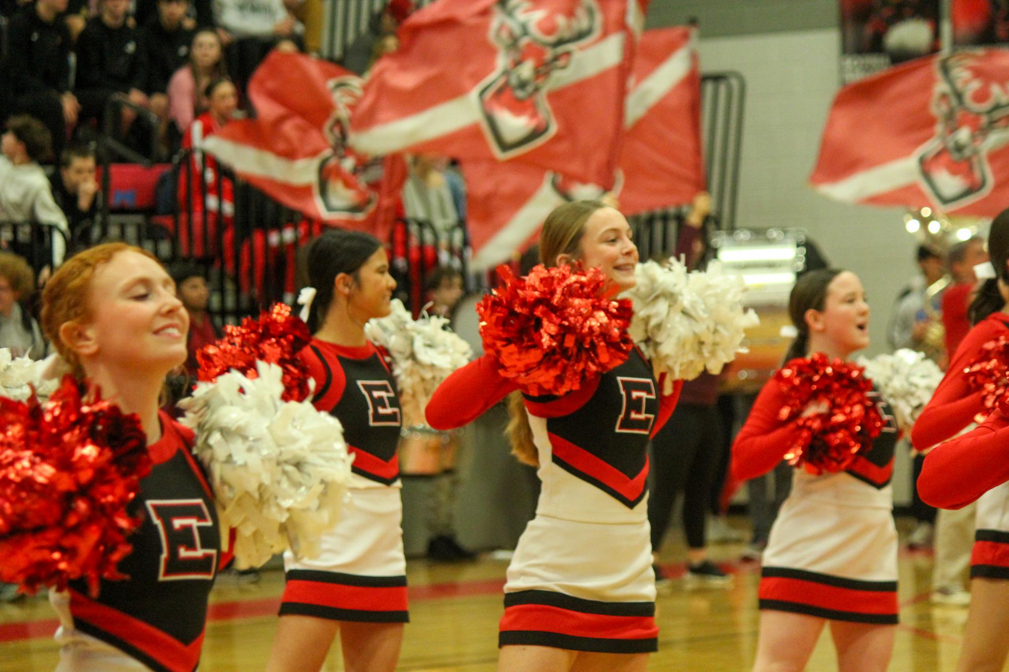 Sophomore Jillian Narber cheers at the Winter Pep Rally January 17, 2025. The Antler Cheer Team recently competed at the state competition.