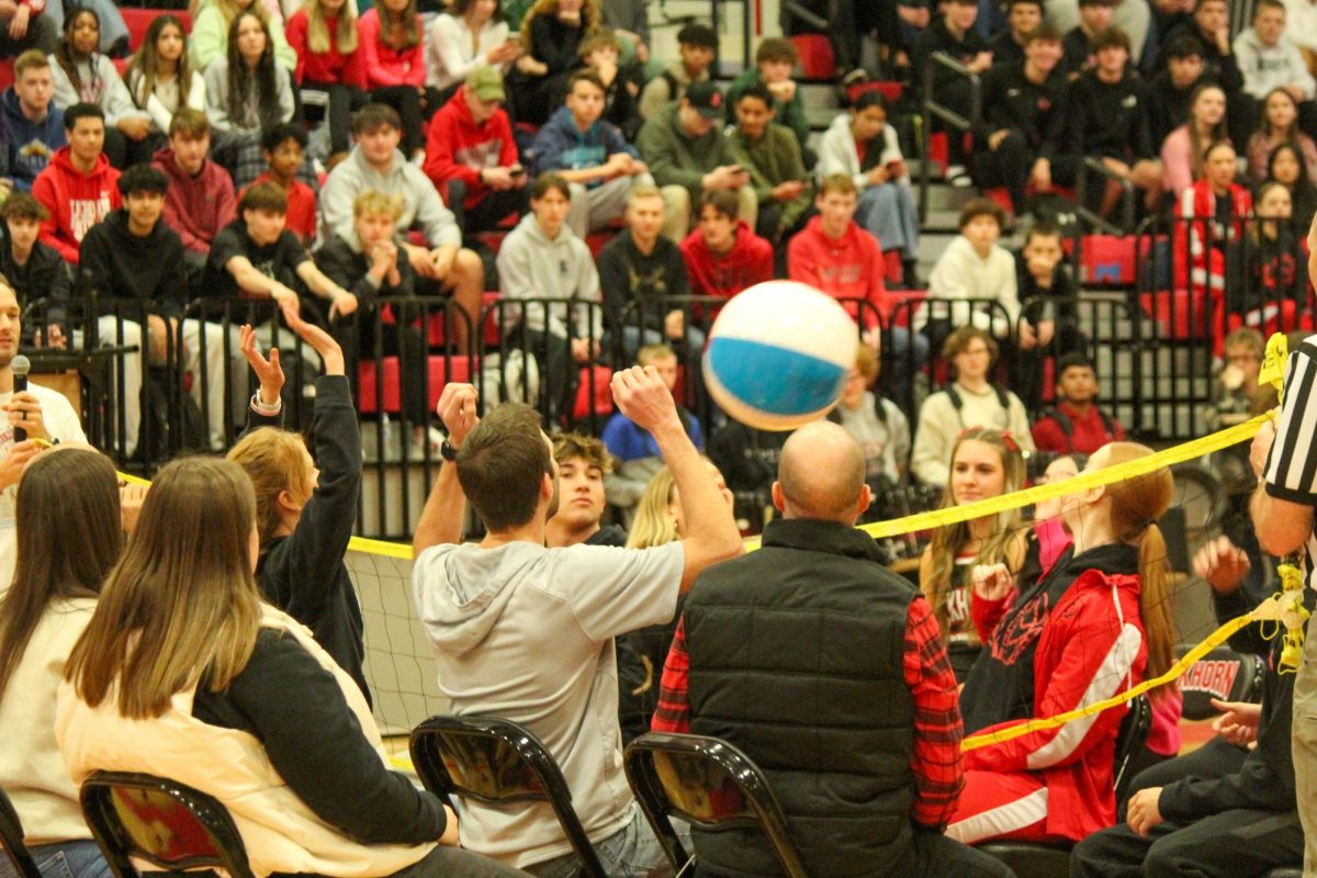 The teacher got the ball during seated volleyball. The winter pep rally was a hit on January 17, 2025.