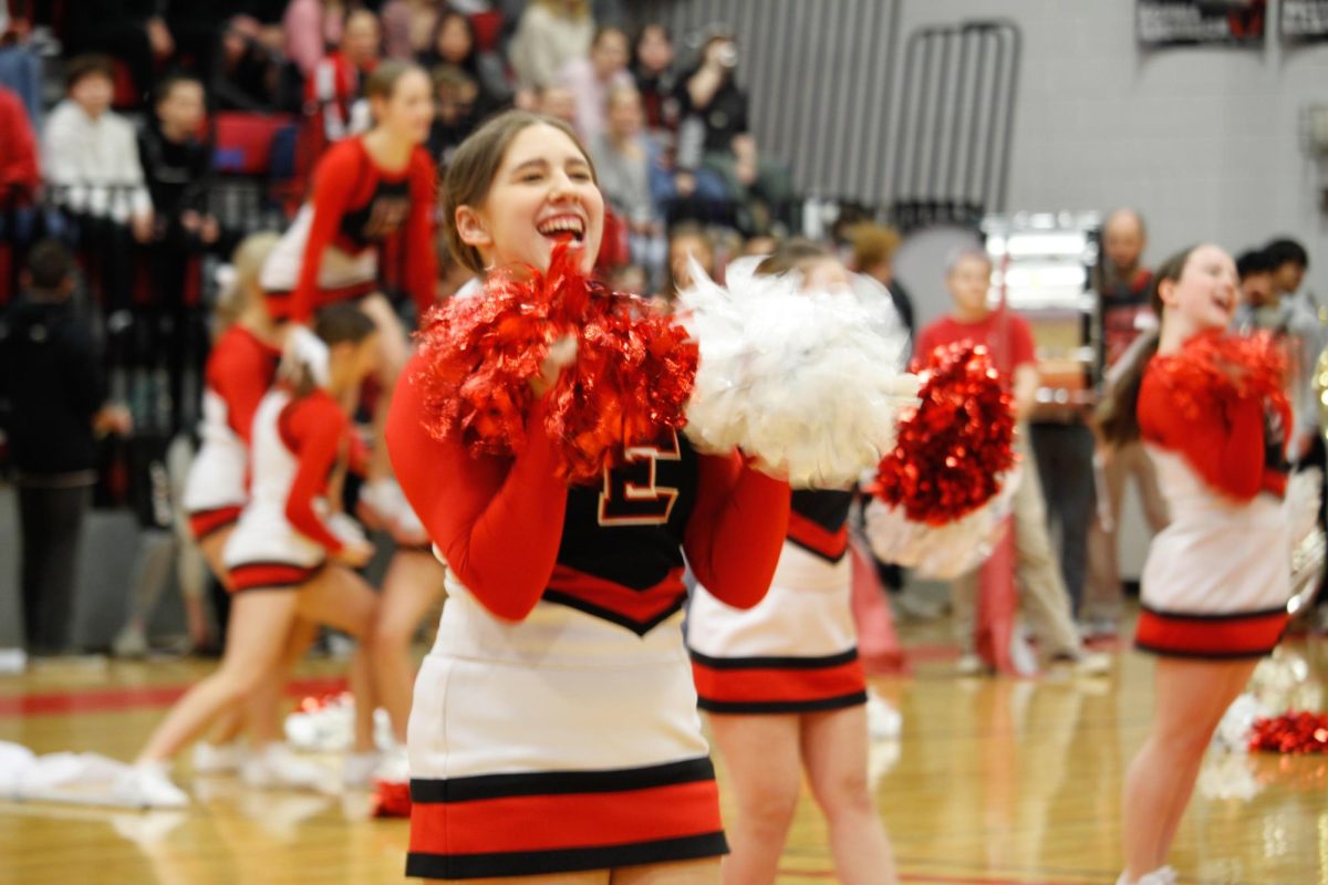 Evelyn Wutzke cheering during there Pom performance. This happened January 17th at the winter pep rally.